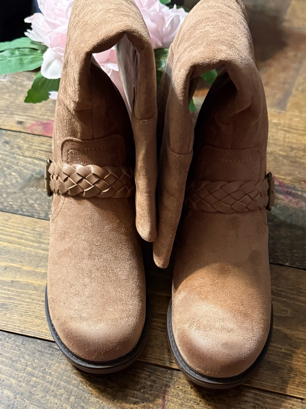 SHAN Brown Suede Braided-Strap Ankle Booties